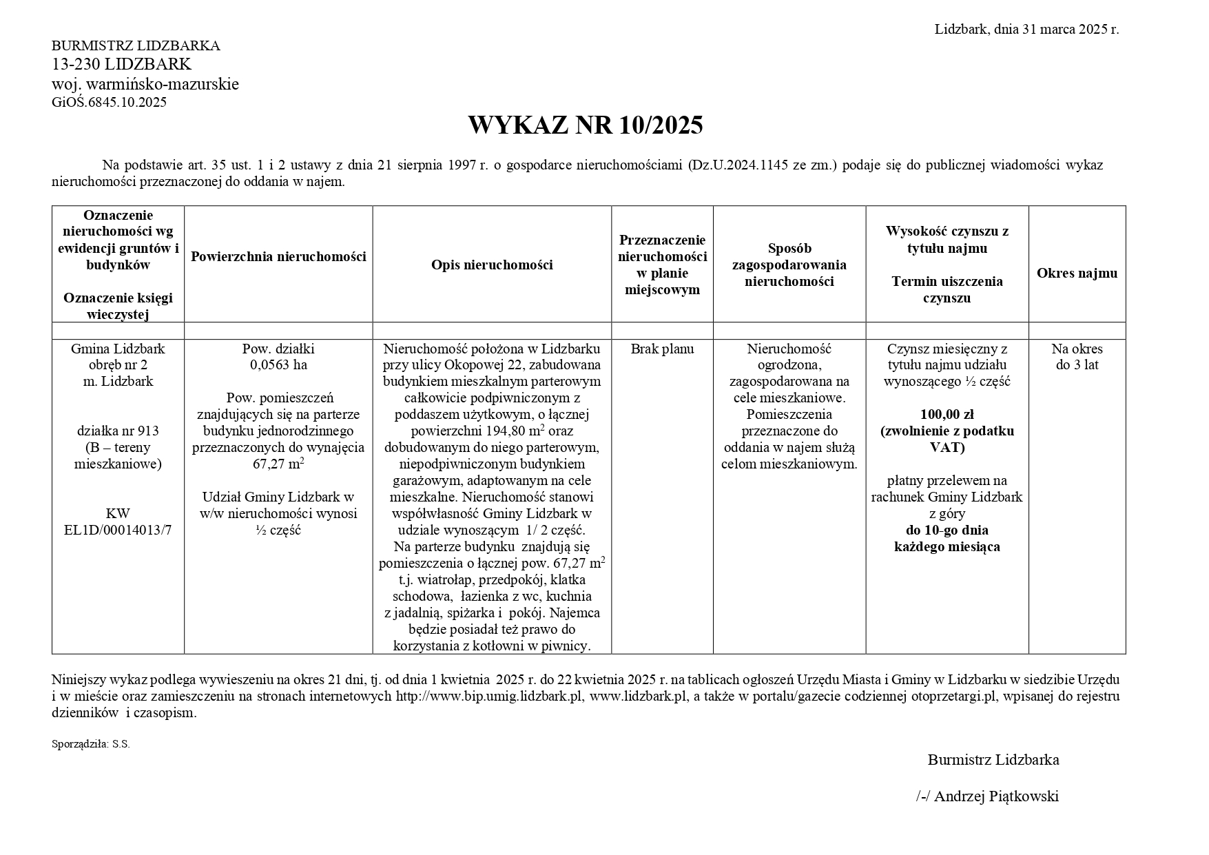 Wykaz Nr 10/2025 - Nieruchomość zabudowana do oddania w najem -  obr. 2 m. Lidzbark dz. nr 913